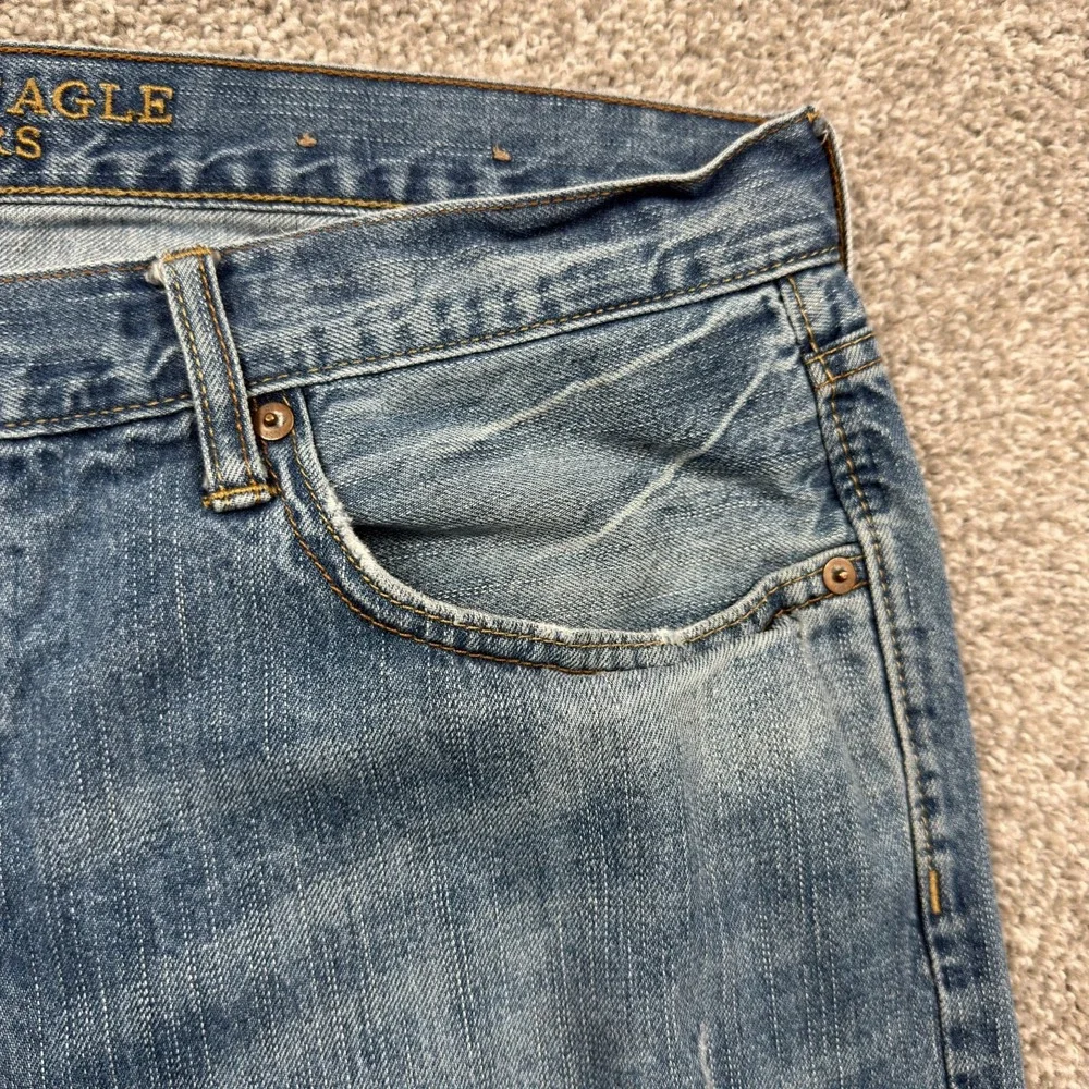 American Eagle Original Boot Jeans Mens 36x32 Blue Distressed Faded Bootcut